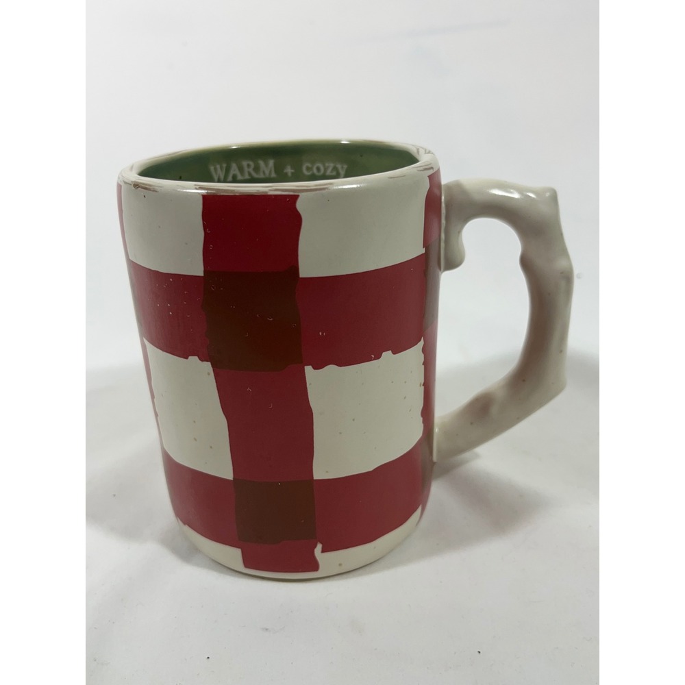 Mud Pie Gingham Mug Red White Brown Ceramic "Warm Cozy" Rustic Coffee Tea‎ Cup